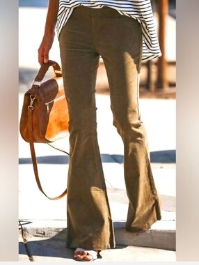 BY TOGETHER Olive Green Corduroy Pull-On Elastic Waist Flare Bell Bottom Pants S